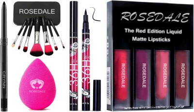 Crynn Smudge Proof Essential Makeup HD6 Beauty Kajal & Rosedale Powder Blender Sponge Puff & Yanqina 36H Deep Black Liquid Eyeliner & Set of 7 Makeup Brush & Red Edition Set of 4 Liquid Matte Lipstick(14 Items in the set)