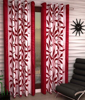 RS Creations 275 cm (9 ft) Polyester Semi Transparent Long Door Curtain (Pack Of 4)(Printed, Red Leaf)