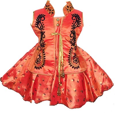 any time fashion Baby Girls Midi/Knee Length Casual Dress(Orange, Sleeveless)