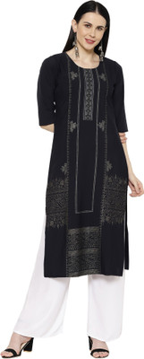 EthnicBasket Women Abstract Straight Kurta(Blue)