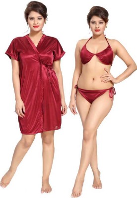 Cotovia Women Robe and Lingerie Set(Maroon)