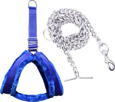 BODY BUILDING Dog Belt Combo of 1.5 inch Padded Blue Fur Dog Harness with 650g Dog Chain Specially for Large Breed Dog Harness & Chain(Large, blue2)