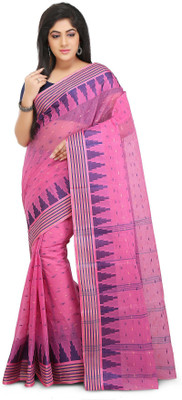 crochetin Woven Tant Handloom Cotton Blend Saree(Pink)