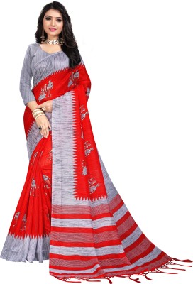 Salooni Printed, Geometric Print, Embellished Madhubani Pure Silk Saree(Red)