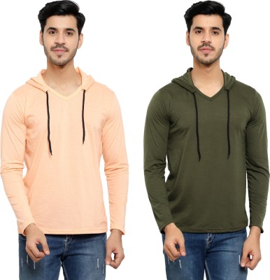 Bribzy Solid Men Hooded Neck Green, Beige T-Shirt