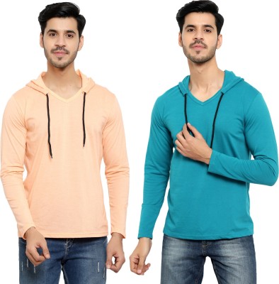 Bribzy Solid Men Hooded Neck Blue, Beige T-Shirt