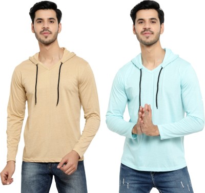 Bribzy Solid Men Hooded Neck Light Blue, Beige T-Shirt