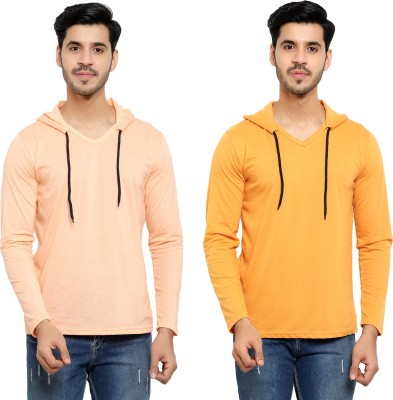 Bribzy Solid Men Hooded Neck Beige, Yellow T-Shirt