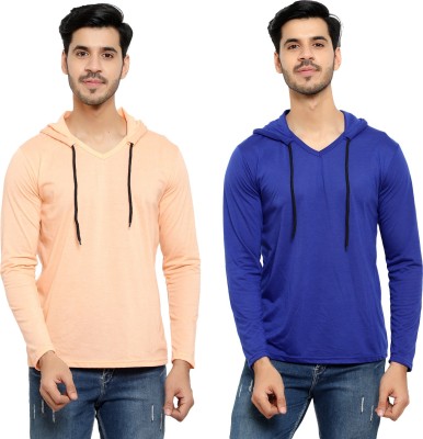 Bribzy Solid Men Hooded Neck Blue, Beige T-Shirt