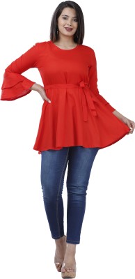 Anshu Fashions Casual 3/4 Sleeve Solid Women Red Top