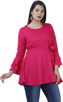 Anshu Fashions Casual 3/4 Sleeve Solid Women Pink Top