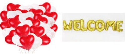 StyleonNation Outright Solid Red Heart Shaped Party Balloons + Mettalic White Party Balloons Combo Pack of 100 and WELCOME Golden Ballons Pack of 7 Alphabets Letter Balloon(Gold, White, Red, Pack of 107)