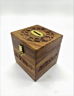 manzees Wooden Coin Bank, Square shaped Coin Collecting box Coin Bank (Brown) Small Size Coin Bank(Brown)