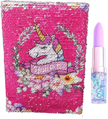 13House Unicorn Colour Changing Sequence Diary With Lipstick Pen A5 Diary RULED 99 Pages(Pink, Pack of 2)