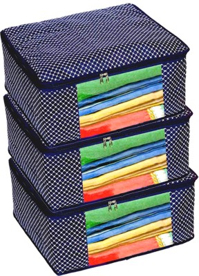 ShubhKraft Living Box - Storage Boxes for Clothes, Large Saree Cover Bags - 55 Litre, Polka Dots Blue 3 Layered Cotton Quilted Large Saree Cover Bag/Wardrobe Organiser with Transparent Window- Blue - Pack of 3 bluecotton_sareecover_3(Blue)