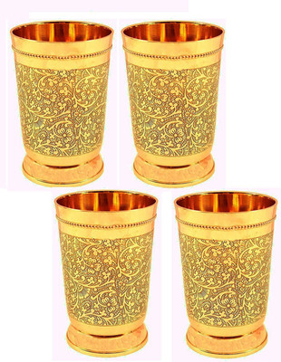 Vardhant (Pack of 4) Pure Brass Handmade Mughal Etching Design Drinking Water Juice Glass For Ayurveda Health Benefits Glass Set Water/Juice Glass(250 ml, Brass, Gold)