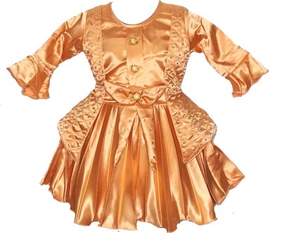 any time fashion Baby Girls Midi/Knee Length Festive/Wedding Dress(Gold, 3/4 Sleeve)