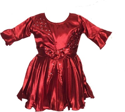 any time fashion Baby Girls Midi/Knee Length Festive/Wedding Dress(Red, 3/4 Sleeve)