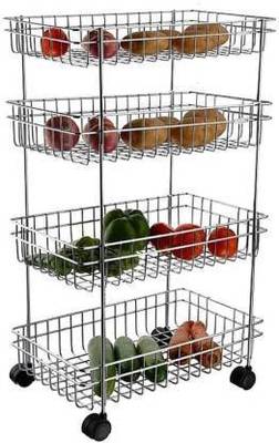 3D METRO SUPER STORE Kitchen Trolley Portable Modern Storage Rack Design Fruits &amp; Vegetable Onion Cutlery, Spice, Pickles Jars Container Basket Organizer Holder Stand for Kitchen (S.S 4 Layer) Fruits/Vegetables Kitchen Rack  (Steel)