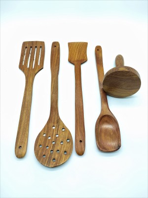 manzees Handmade Pure Wooden Serving and Cooking Spoon Kitchen Utensil - Set of 5, Pure Sheesham Cookin Utensils, Non Stick with Free Potato, Paratha Masher Kitchen Tool Set(Brown, Cooking Spoon, Masher)