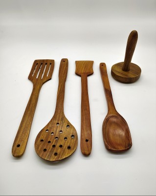 manzees Handmade Pure Sheesham Wooden Serving and Cooking Spoon Kitchen Utensil - Set of 5, Pure Sheesham Cookin Utensils, Non Stick with Free Potato, Paratha Masher Kitchen Tool Set(Brown, Cooking Spoon, Masher)