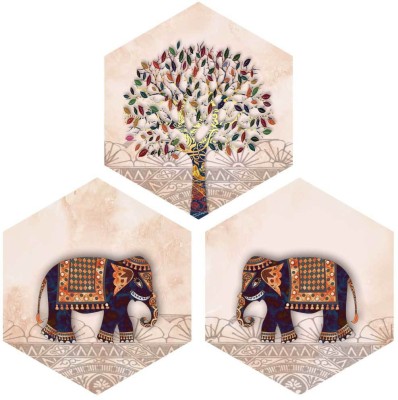 Art Amori The Elephant and tree 3 Piece Hexagon MDF Painting Digital Reprint 17 inch x 17 inch Painting(Without Frame, Pack of 3)