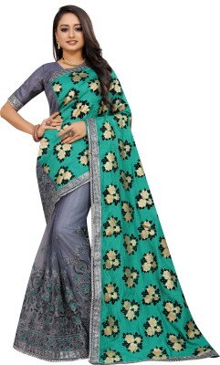 Barkiya Creation Embroidered Bollywood Silk Blend, Net Saree(Green, Grey)