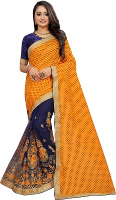 Barkiya Creation Embroidered Bollywood Silk Blend, Net Saree(Mustard)