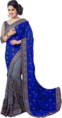 Kedar Fab Embroidered Bollywood Silk Blend Saree(Blue)