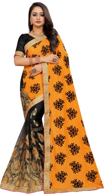 Barkiya Creation Embroidered Bollywood Silk Blend, Net Saree(Black, Yellow)