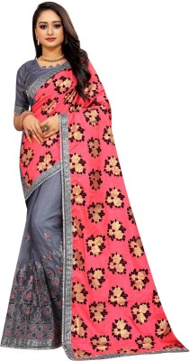 Barkiya Creation Embroidered Bollywood Silk Blend, Net Saree(Pink)