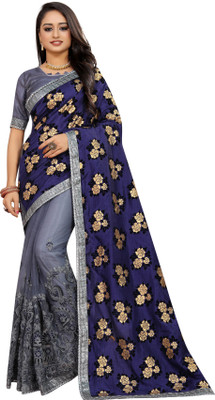 Barkiya Creation Embroidered Bollywood Silk Blend, Net Saree(Blue)