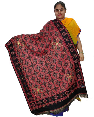 KAVIM Wool Embellished Women Shawl(Black, Red)
