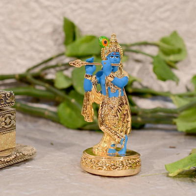 CraftVatika Plated Krishna Statue Flute Playing Krishan Idols Hindu Religious Decorative Showpiece  -  10.66 cm(Ceramic, Blue, Gold)