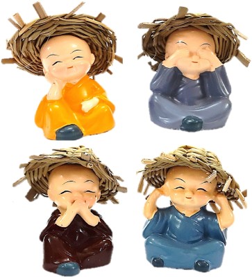 AFTERSTITCH set of 4 monks buddha hat Decorative Showpiece  -  6 cm(Polyresin, Multicolor)