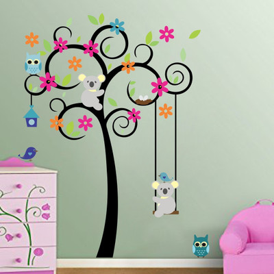 GharKraft 60 cm Cute Tree With Flower And Animals Multicolor Self Adhesive Sticker(Pack of 1)