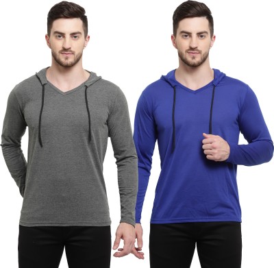 Adorbs Solid Men Hooded Neck Blue, Grey T-Shirt