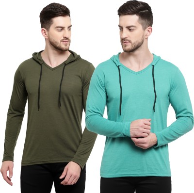 Adorbs Solid Men Hooded Neck Dark Green, Light Green T-Shirt