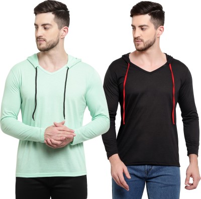 Adorbs Solid Men Hooded Neck Black, Light Green T-Shirt