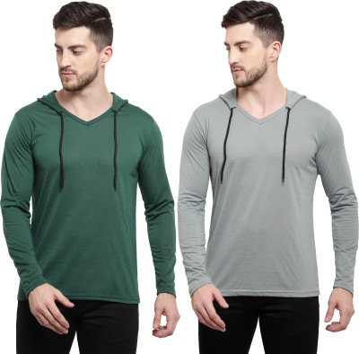 Adorbs Solid Men Hooded Neck Dark Green, Grey T-Shirt