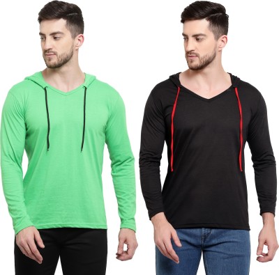 Adorbs Solid Men Hooded Neck Black, Light Green T-Shirt