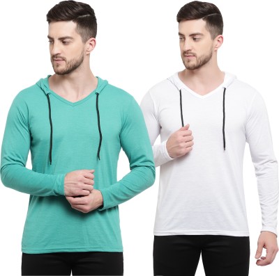 Adorbs Solid Men Hooded Neck White, Light Green T-Shirt