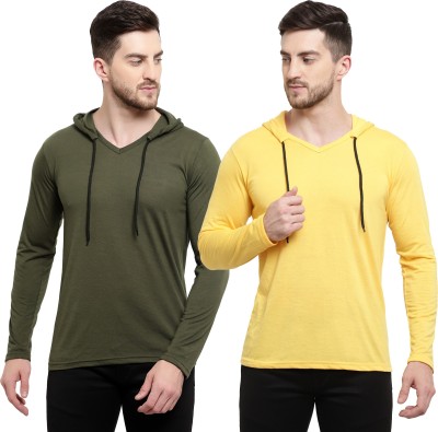 Adorbs Solid Men Hooded Neck Green, Yellow T-Shirt