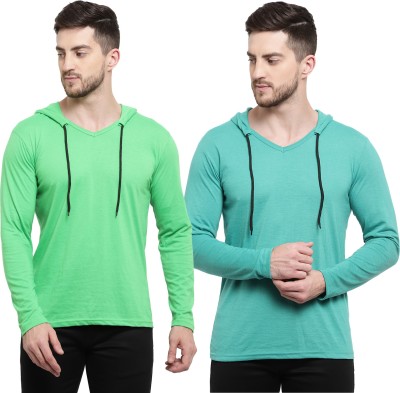 Adorbs Solid Men Hooded Neck Light Green T-Shirt