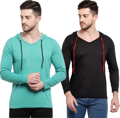 Adorbs Solid Men Hooded Neck Black, Light Green T-Shirt