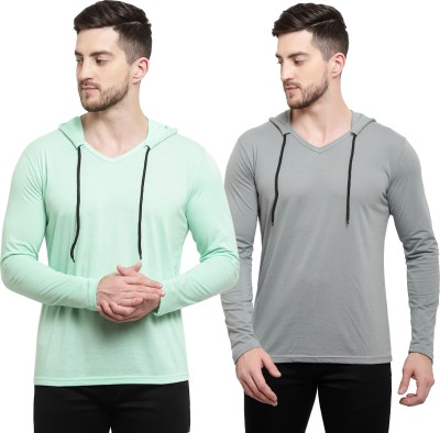 Adorbs Solid Men Hooded Neck Grey, Light Green T-Shirt