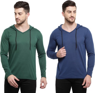 Adorbs Solid Men Hooded Neck Dark Blue, Dark Green T-Shirt