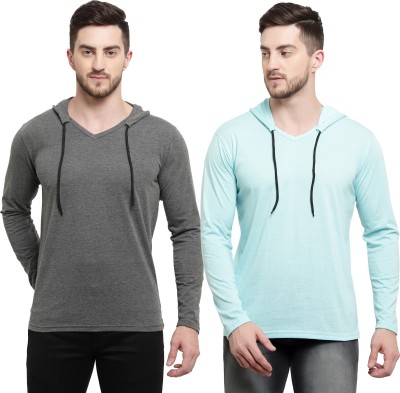 Adorbs Solid Men Hooded Neck Light Blue, Grey T-Shirt