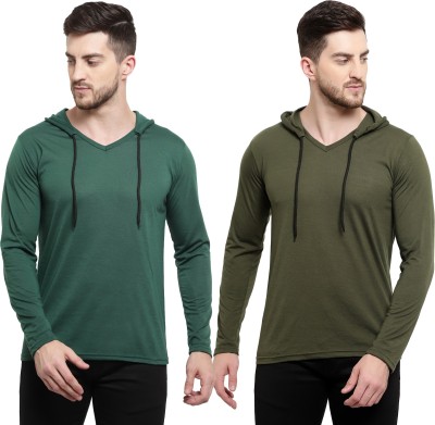 Adorbs Solid Men Hooded Neck Green T-Shirt