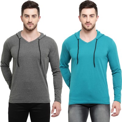 Adorbs Solid Men Hooded Neck Light Blue, Grey T-Shirt